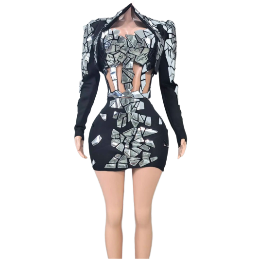Silver Fake Mirrors Women Long Sleeve Sexy 3 Pieces Bodycon Mini Set Celebrate Nightclub Party Bar Singer Performance Stage Wear
