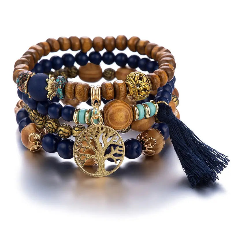 Boho Wooden Beaded Bracelet Set for Women – Tree of Life Charm, White Tassels, 4-Piece Elastic Stackable Bangle, Bohemian Jewelry