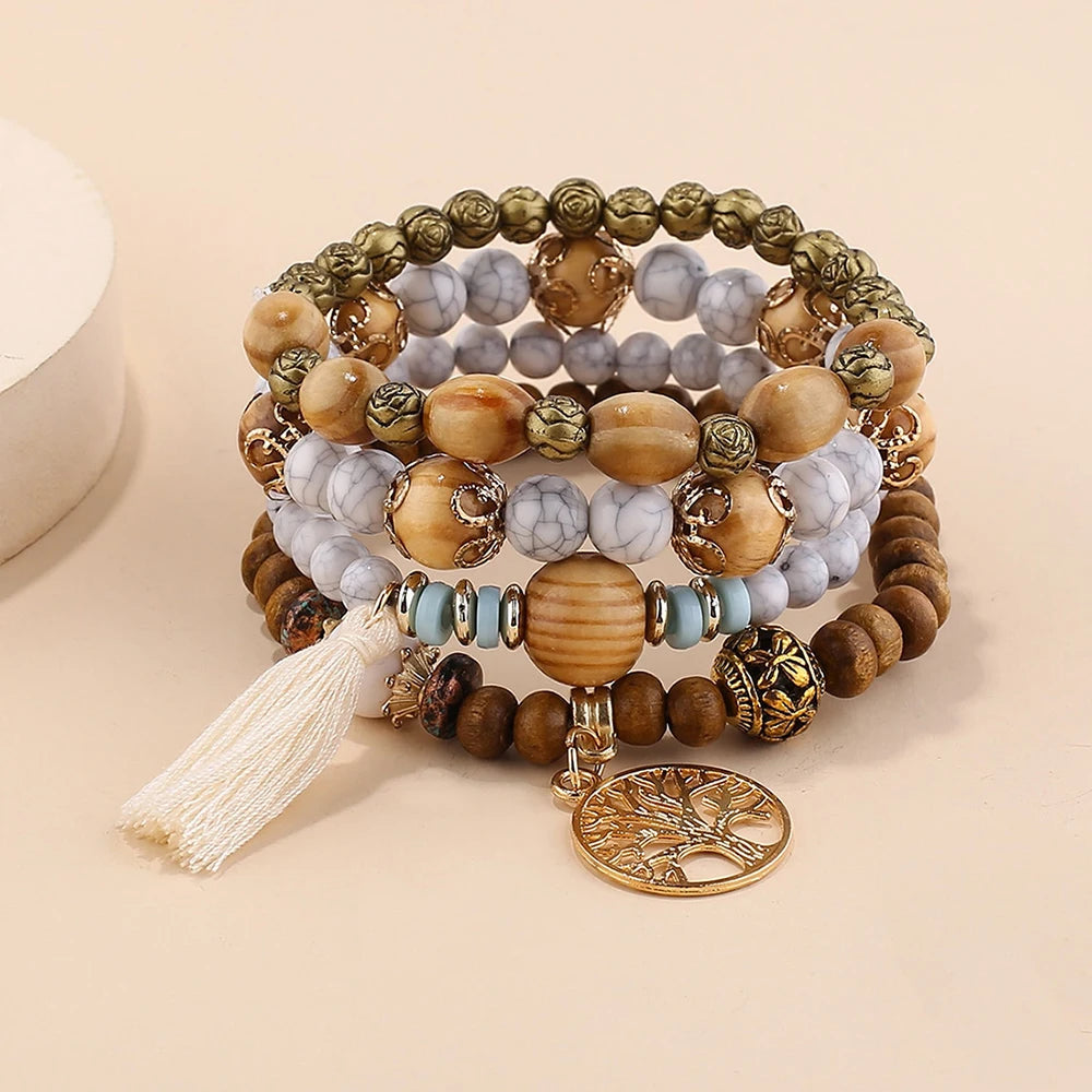 Boho Wooden Beaded Bracelet Set for Women – Tree of Life Charm, White Tassels, 4-Piece Elastic Stackable Bangle, Bohemian Jewelry