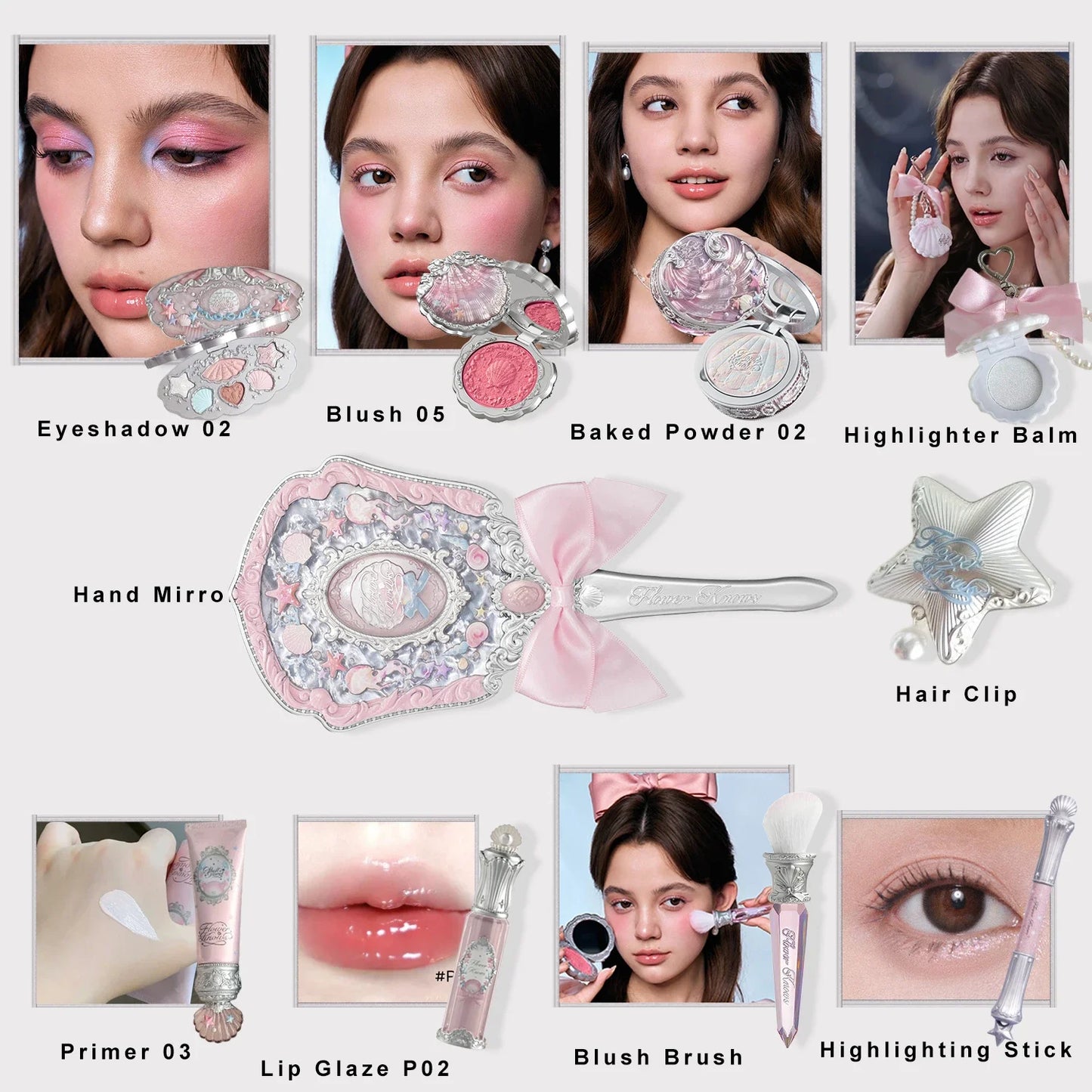 Flower Knows  Shell's Jewel Mermaid Makeup Gift Set Eyeshadow Lip Gloss Blush Ocean Theme Cosmetic Kit for Girls New Arrival