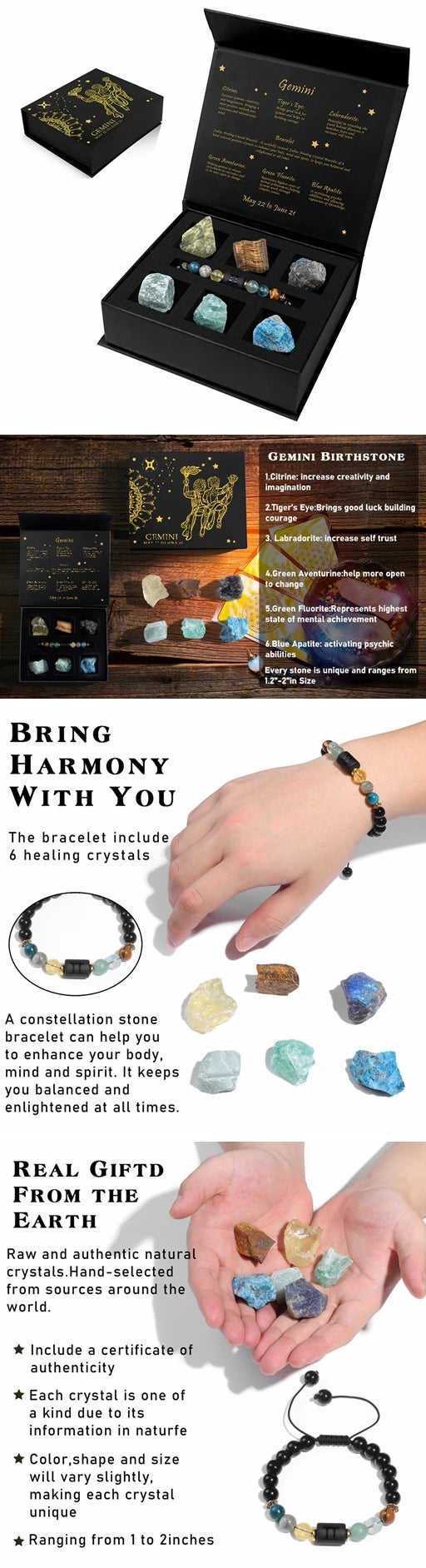 Zodiac Constellation Gift Set – Natural Stone Bracelet & Crystal Box for Astrology Lovers