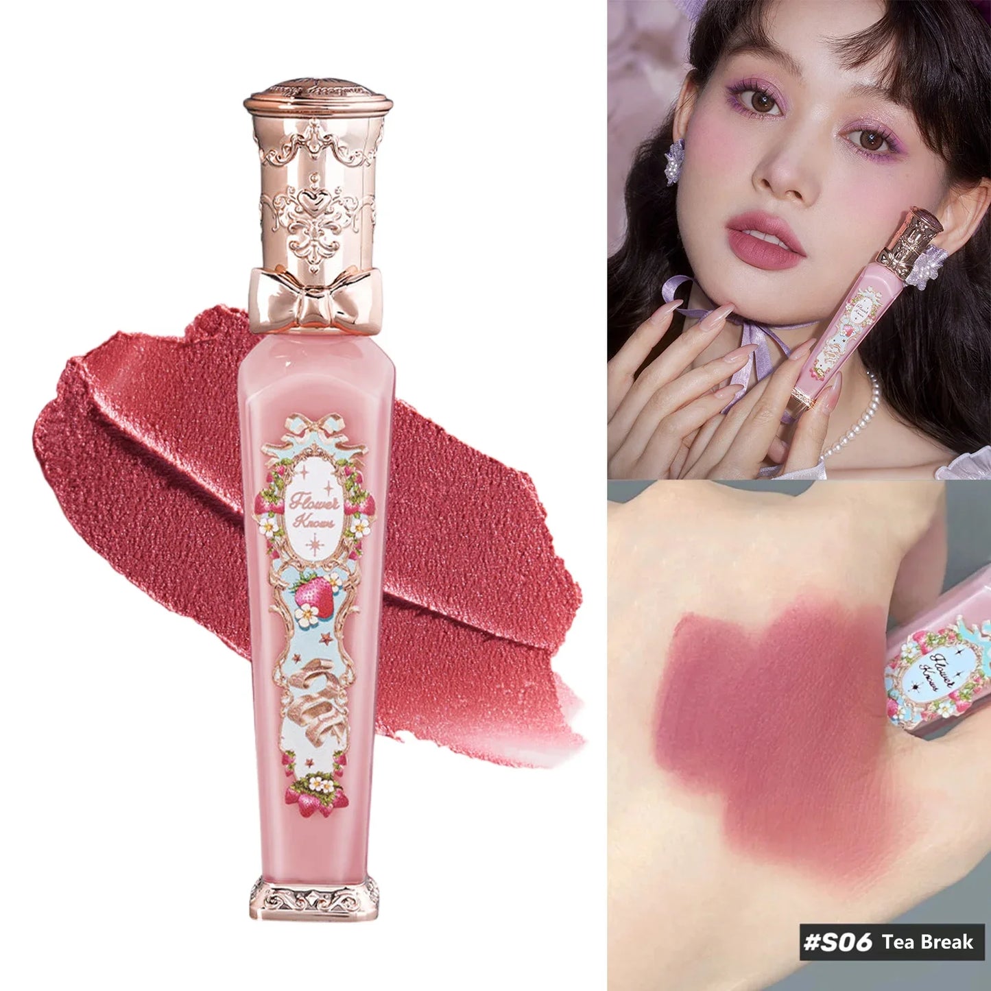 Flower Knows Strawberry Rococo Matte Lip Cream Vegan Waterproof Long Lasting Lip Stain Lightweight Blur Tint For Women Girl