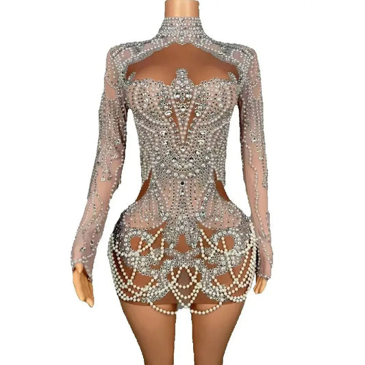 Luxurious Rhinestones Pearl Brown Nude Dress Women Evening Prom Celebrate Dress Sexy Mesh Transparent Singer Photoshoot Wear