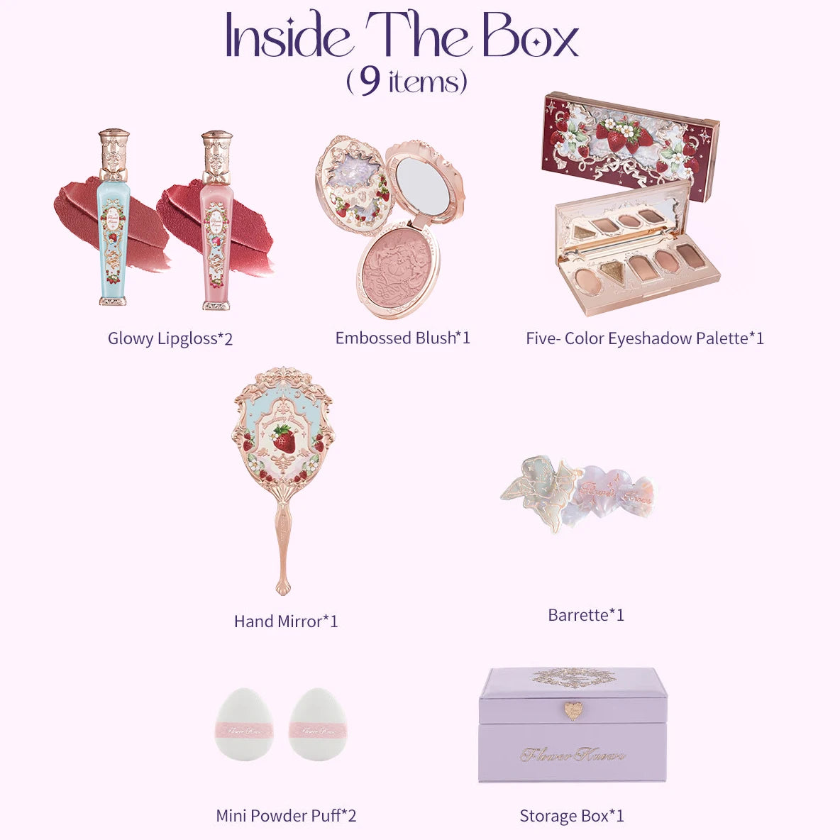 Flower Knows Strawberry Rococo All-In-One Makeup Palette Gift Set Lip Cream Embossed Blush Hand Mirror Travel Kit
