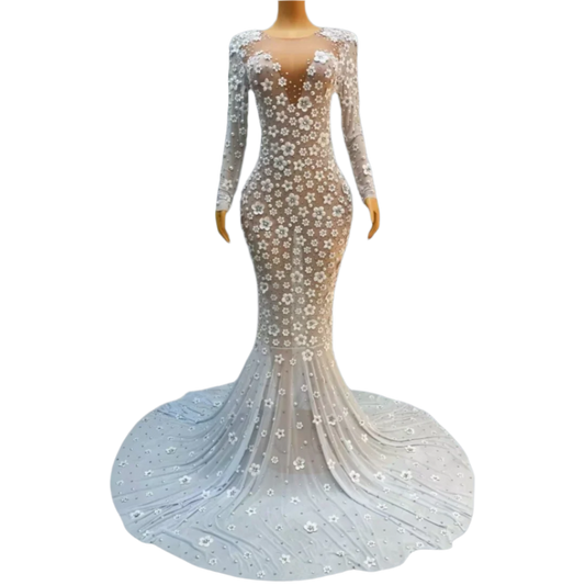 Elegant Sexy Flower Sheer Mesh White Floor Length Long Dress High end Women's Wedding Dress Birthday Party Luxury Dress Chunjie