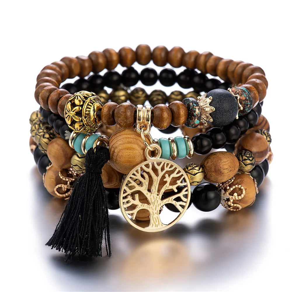 Boho Wooden Beaded Bracelet Set for Women – Tree of Life Charm, White Tassels, 4-Piece Elastic Stackable Bangle, Bohemian Jewelry