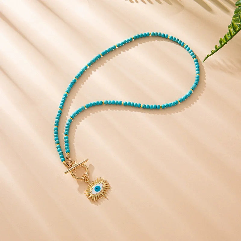 Colorful Stone Choker Necklace for Women – Round Evil Eye Pendant, Boho Style Jewelry, Fashionable Daily & Party Accessory