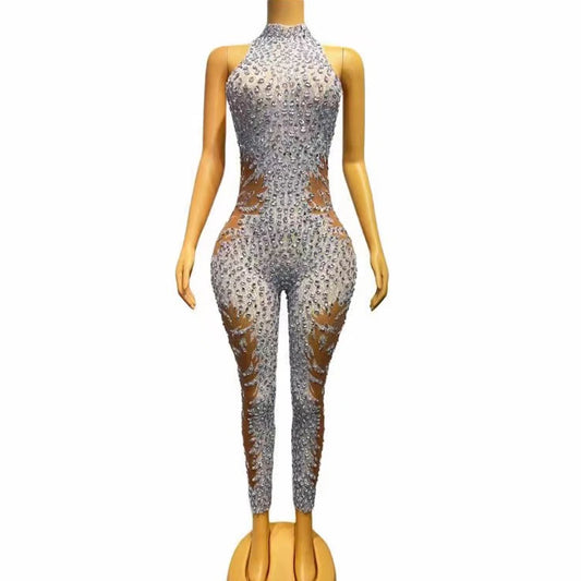 Sexy Stage Sleeveless Silver Rhinestones Mesh Transparent Jumpsuit Birthday Celebrate Evening Club Party Photo Shoot Costume