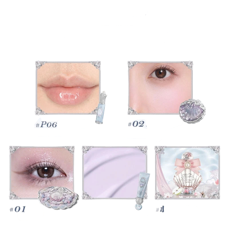 5pcs/set 2025 New Flower Knows Shells Pearl Series Lip gloss Eyeshadow Powder Blush Face Primer Base Makeup Set