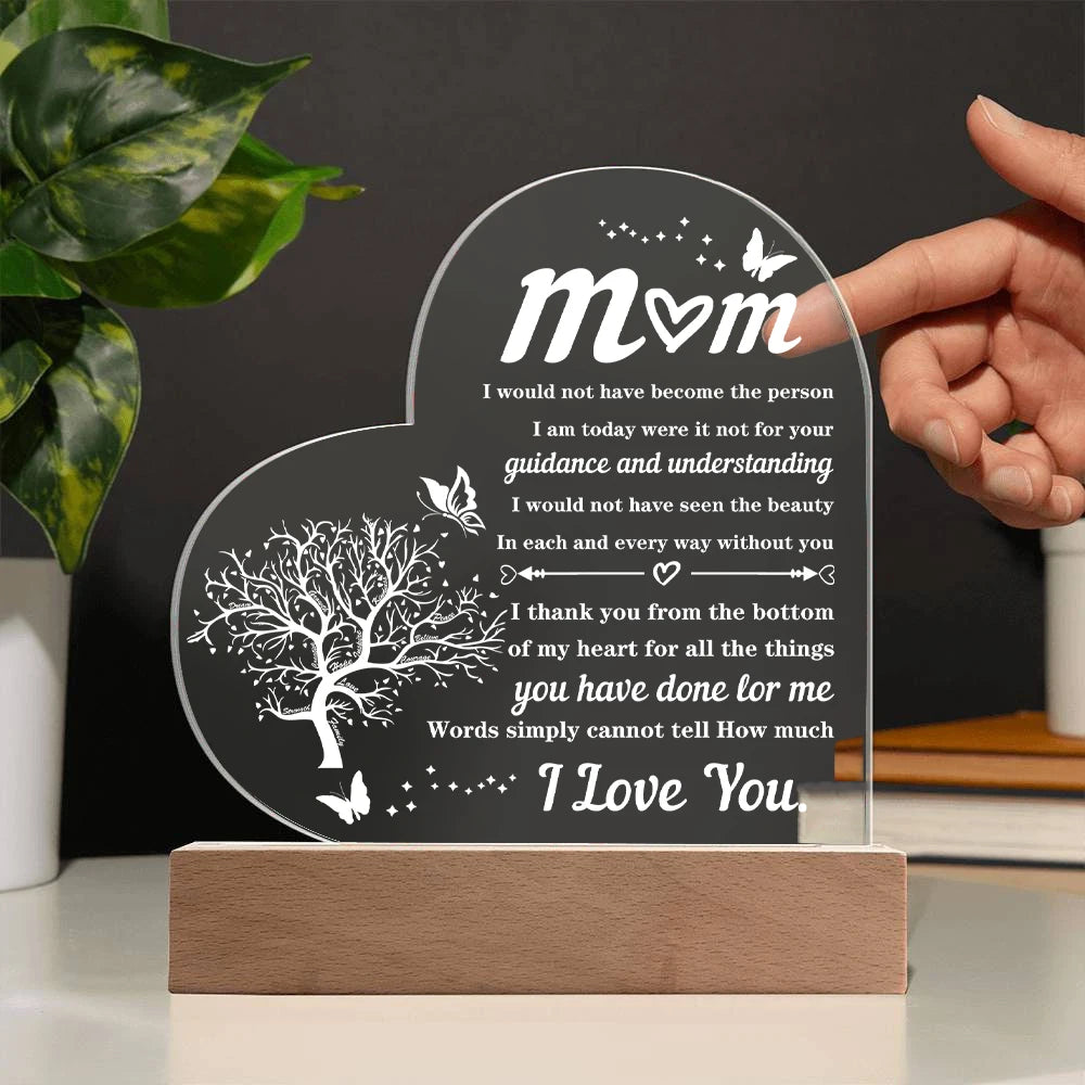 Heart-Shaped Acrylic Plaque Gift for Mom – Transparent Keepsake for Mother's Day, Birthday, and Family Celebration