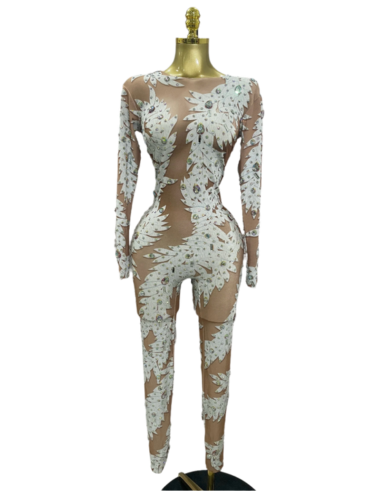 Sexy Stage Costume Crystal High Stretch Bodycon Long Sleeve Jumpsuit Women Celebrate Nightclub Party Dancer Performance Wear