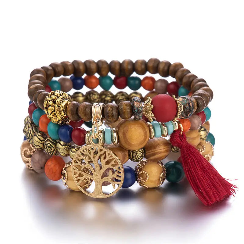 Boho Wooden Beaded Bracelet Set for Women – Tree of Life Charm, White Tassels, 4-Piece Elastic Stackable Bangle, Bohemian Jewelry