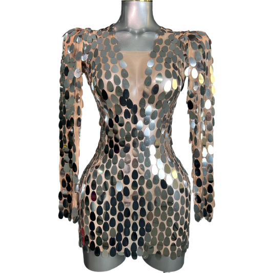 New Women Sexy Mesh Stretched Sequins Stage Performance Costume Stage Dancer Singer Mini Night Club Party Dress
