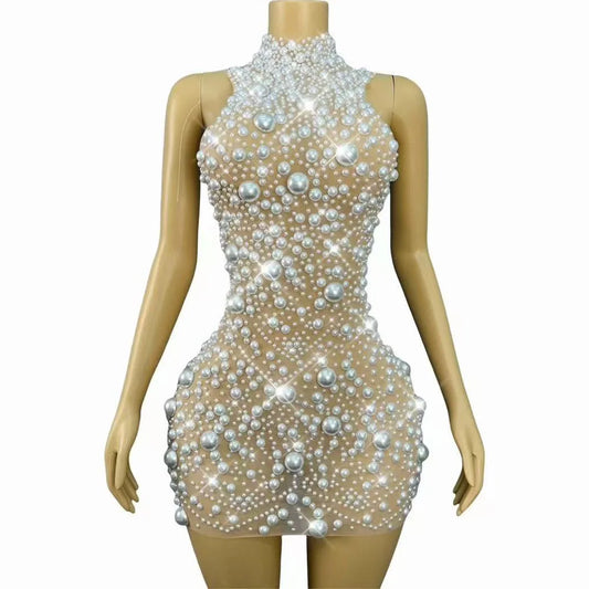 Luxury Elegant Shiny Pure White Pearls Elegant Gown Sexy Nude Mesh Trim fit Dress Evening Party Gown Red carpet Show Stage Wear