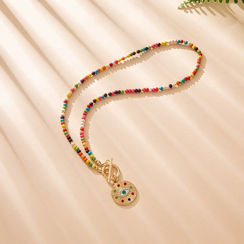 Colorful Stone Choker Necklace for Women – Round Evil Eye Pendant, Boho Style Jewelry, Fashionable Daily & Party Accessory
