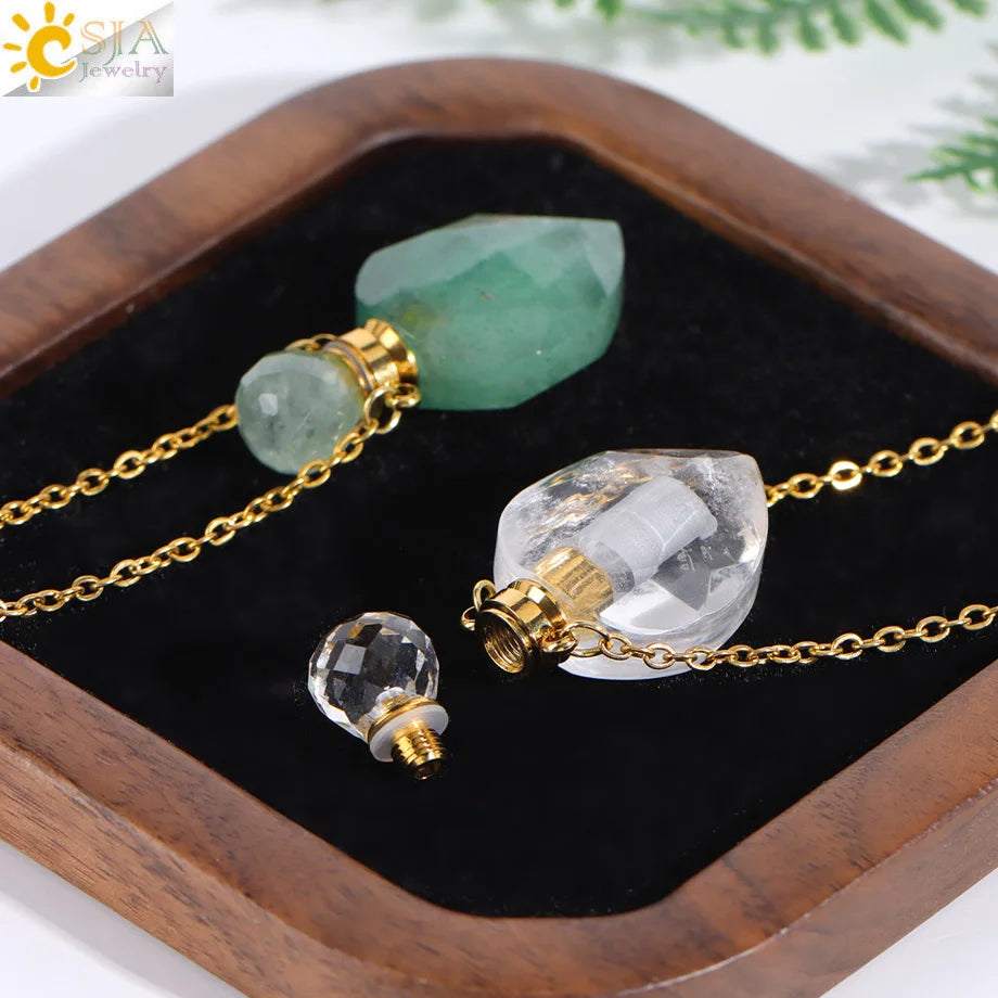 Vintage Heart Crystal Perfume Bottle Necklace – Natural Gemstone Pendant, Stainless Steel Chain, Romantic Gift