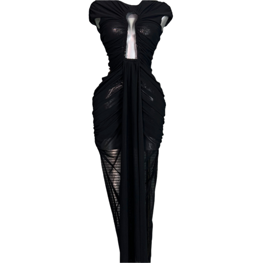 Summer New 2025 Women Celebrity New Sexy Black Lace Mesh Ruched Stretch Long Bodycon Dress Elegant Evening Party Club Dress