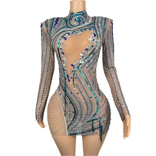 Sparkly Crystals Chain Short Dress Women Sexy Mesh Transparent Wedding Evening Prom Birthday Dress Photoshoot Stage Wear