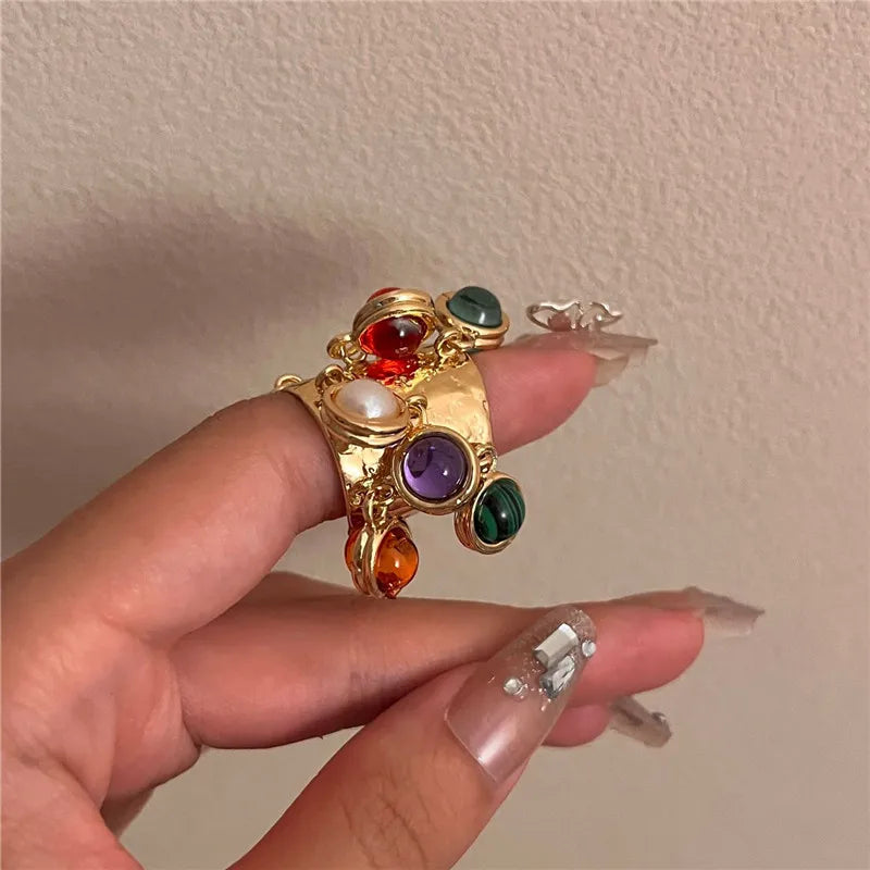 Vintage Multicolor Stone Statement Ring – Open Adjustable Ring for Women, Bohemian Chic Jewelry