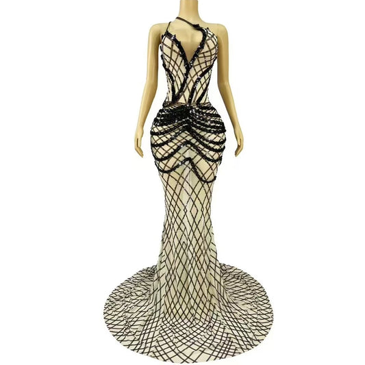 Sexy High-end Sparkly Rhinestones Sequins Supenders Mesh Trailing dress Women Evening Prom Gown Show Red carpet Stage Gowns