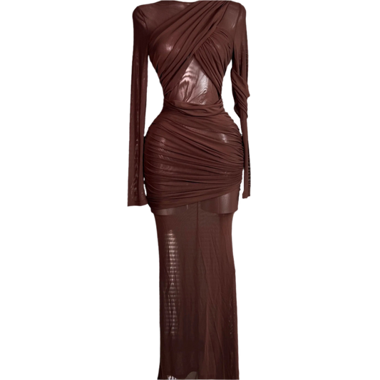 Summer New Women Sexy Long Sleeve Lace Mesh Ruched Maxi Dress Brown High Street Party Dress
