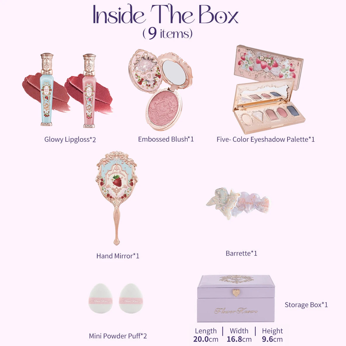 Flower Knows Strawberry Rococo All-In-One Makeup Palette Gift Set Lip Cream Embossed Blush Hand Mirror Travel Kit