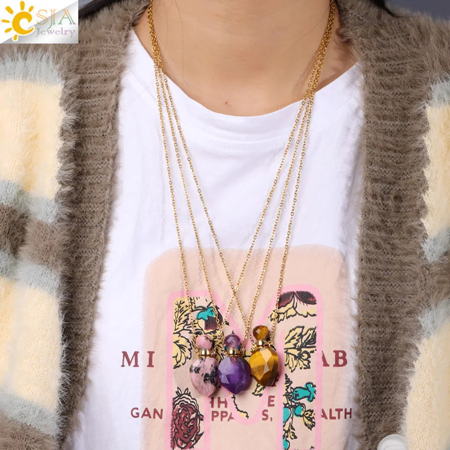 Vintage Heart Crystal Perfume Bottle Necklace – Natural Gemstone Pendant, Stainless Steel Chain, Romantic Gift