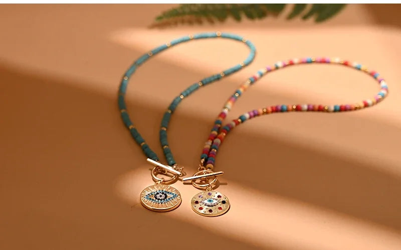 Colorful Stone Choker Necklace for Women – Round Evil Eye Pendant, Boho Style Jewelry, Fashionable Daily & Party Accessory
