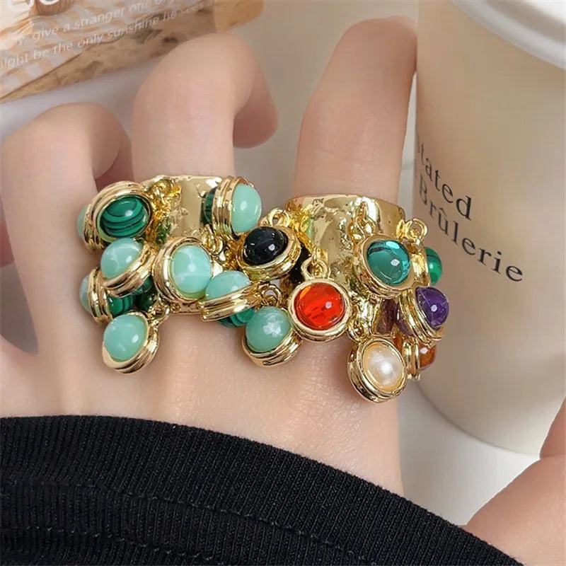 Vintage Multicolor Stone Statement Ring – Open Adjustable Ring for Women, Bohemian Chic Jewelry