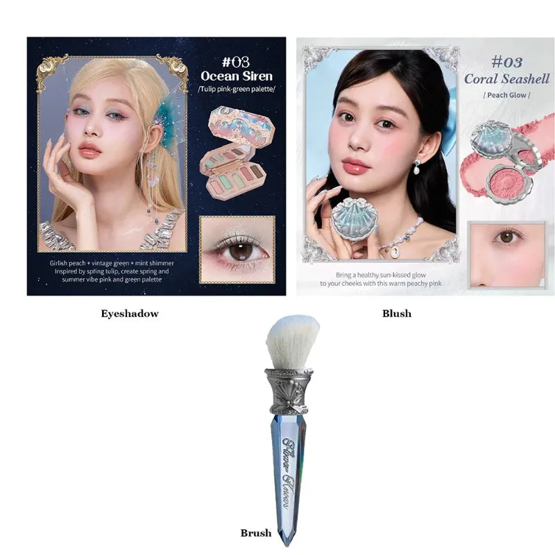 Flower Knows Moonlight Mermaid Series Glitter Eyeshadow Palette High Pigment Shell Jewelry Blush Makeup Brush Set Matte Finish