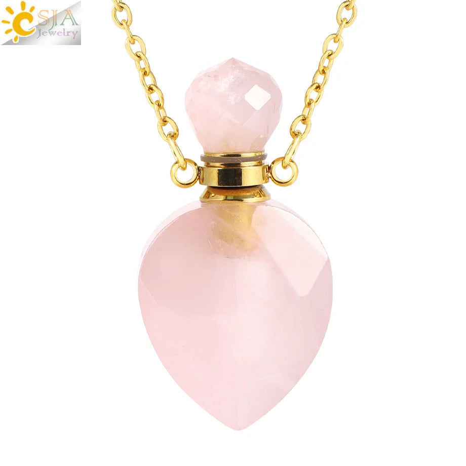 Vintage Heart Crystal Perfume Bottle Necklace – Natural Gemstone Pendant, Stainless Steel Chain, Romantic Gift