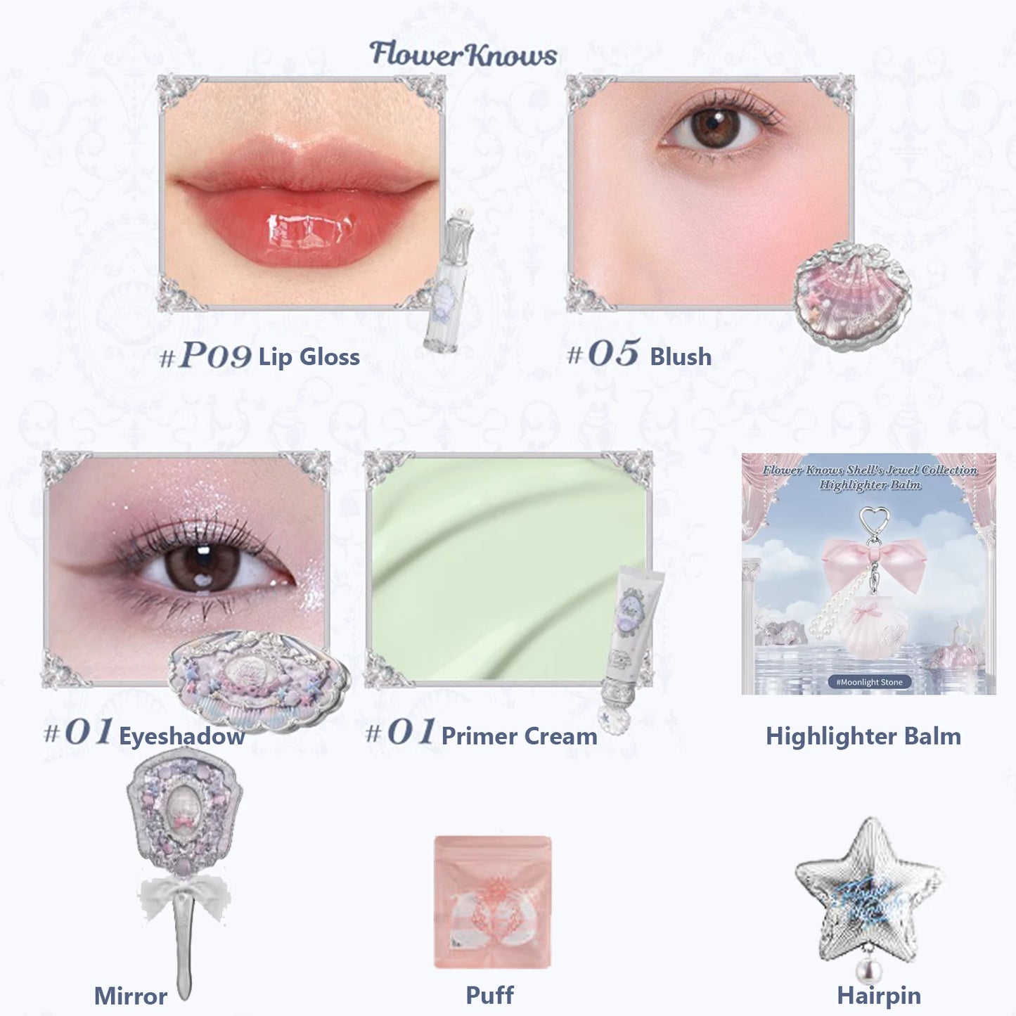 Flower Knows Shell Jewelry Essence Shimmer Lip Gloss Blush For Cheek Red Makeup Pearl Eye Shadow Ocean Mysterious Gift Box