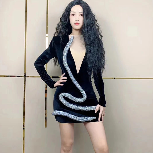 Sparkly Silver Crystals Black Velvet Dresses Women Sexy Transparent Bling Diamonds Outfit Party Celebrate Photo Shoot Dress