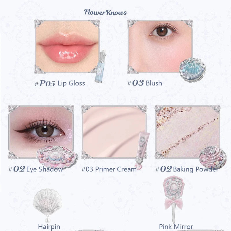Flower Knows Shell Jewelry Essence Shimmer Lip Gloss Blush For Cheek Red Makeup Pearl Eye Shadow Ocean Mysterious Gift Box