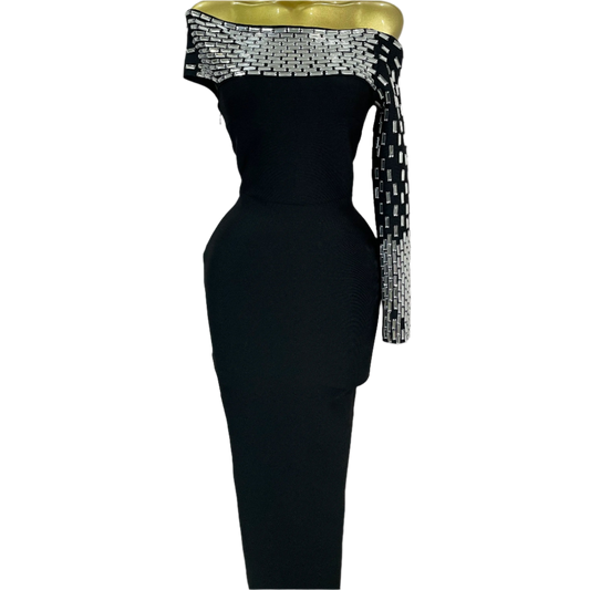 Sexy One Shoulder Rhinestones Black Bandage Long Dress Women Elegant Birthday Celebrate Evening Prom Gown Night Cocktail Dresses