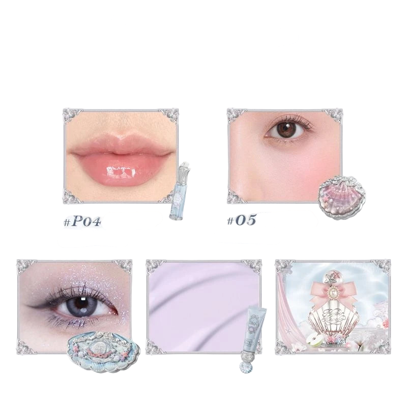 5pcs/set 2025 New Flower Knows Shells Pearl Series Lip gloss Eyeshadow Powder Blush Face Primer Base Makeup Set