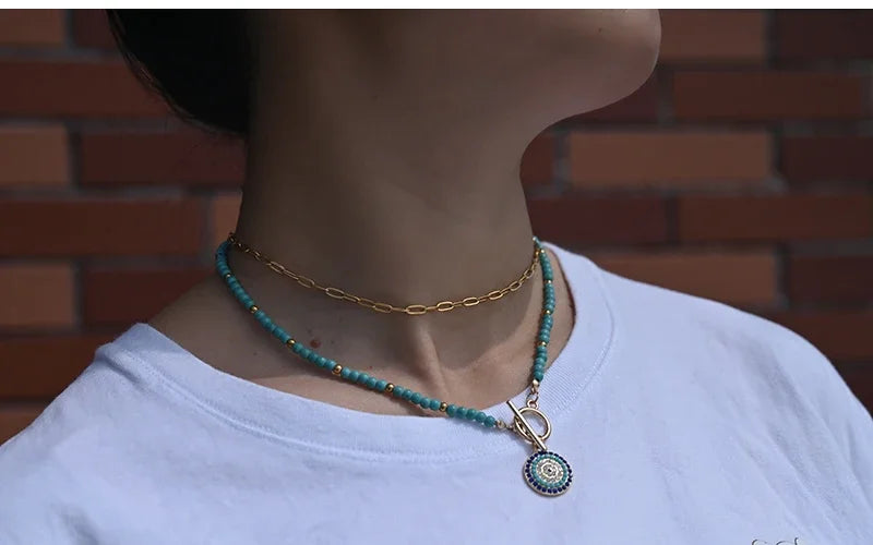 Colorful Stone Choker Necklace for Women – Round Evil Eye Pendant, Boho Style Jewelry, Fashionable Daily & Party Accessory