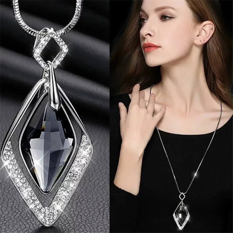 Elegant Gray Crystal Pendant Necklace – Long Statement Choker for Women, Fashion Jewelry Accessory