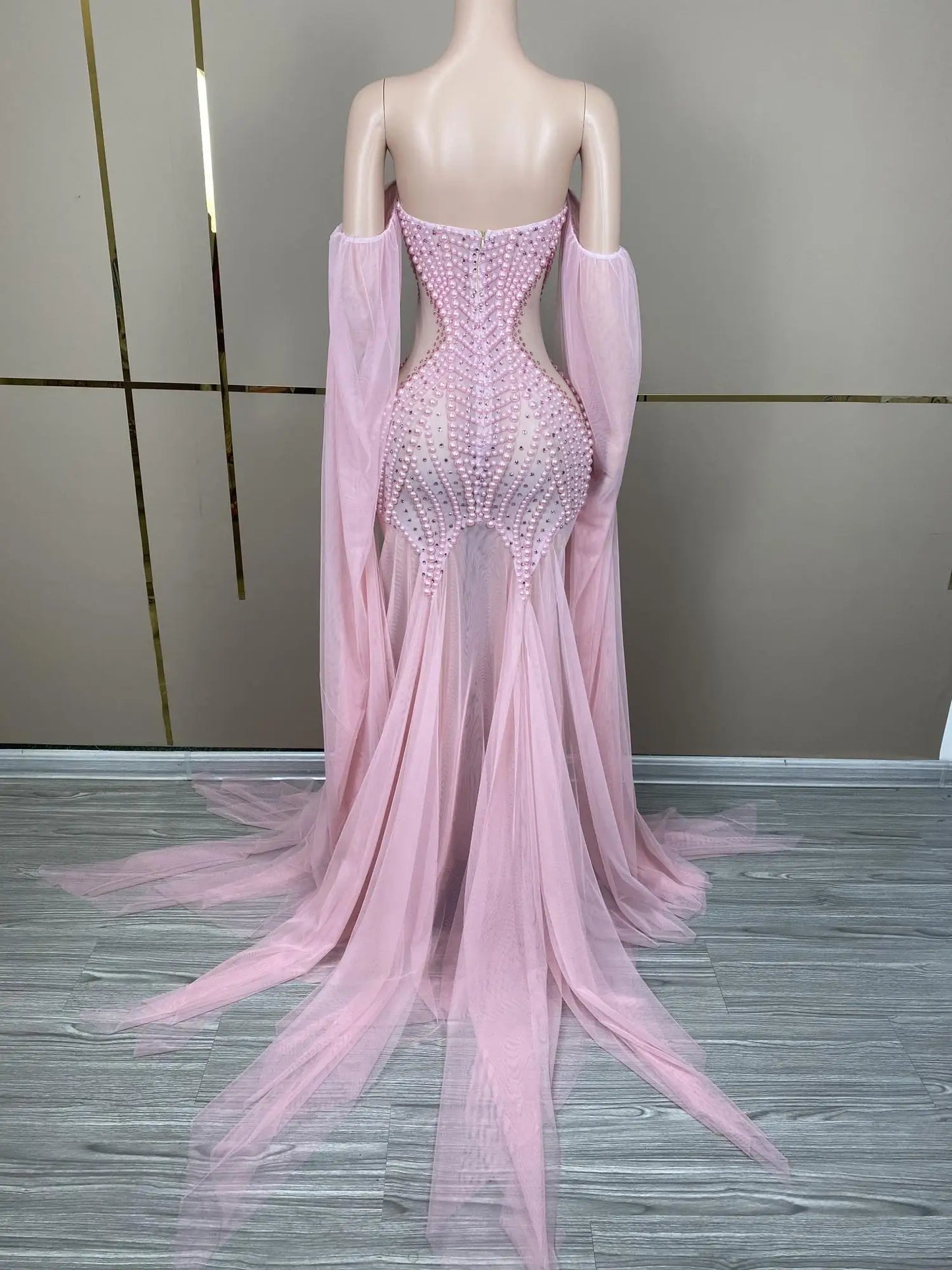 Elegant Wedding Party Dress Mesh Strapless Sexy Women Photograph Wear Pearls Evening Gown Birthday Celebrate Ball Dress Bowu