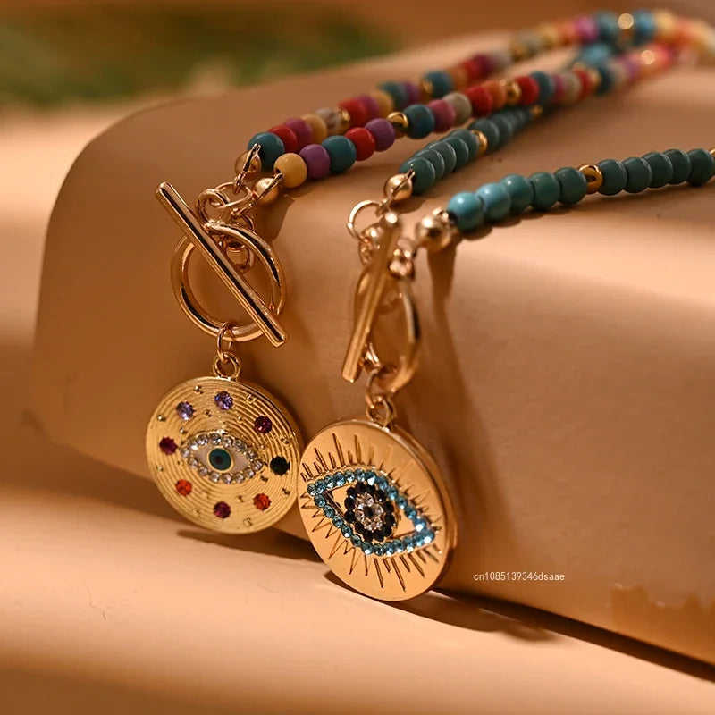Colorful Stone Choker Necklace for Women – Round Evil Eye Pendant, Boho Style Jewelry, Fashionable Daily & Party Accessory