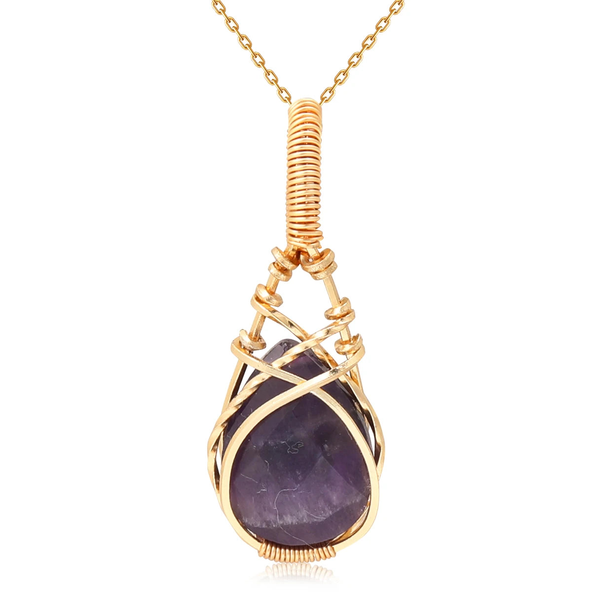 Natural Stone Crystal Teardrop Pendant Necklace – Elegant Women’s Jewelry, Stainless Steel Chain Gift