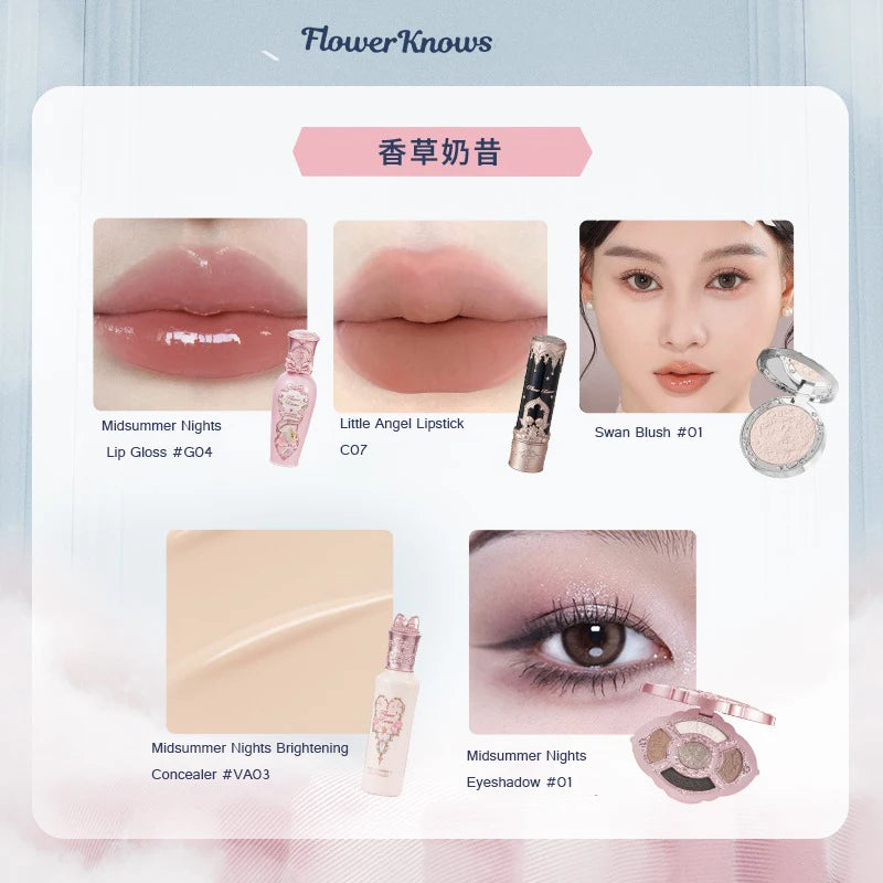Flower Knows Gift Set Little Angel Lip Glaze Original Matte Blush For Cheeks Vegan Long Lasting Eyeshadow Palette Make Up Set