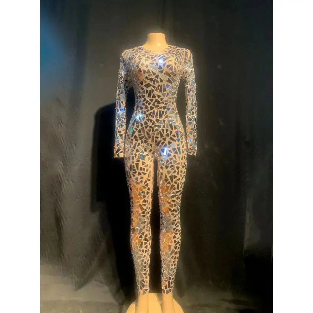 Sexy Transparent Mirrors Jumpsuit Stage Show Dance Wear Mesh Sequins Bodysuit Dance Performance Stretch Costume