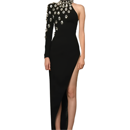 Women Celebrity Sexy Single Sleeve Rhinestone Black Maxi Long Bodycon Bandage Dress 2023 Elegant Evening Club Party Dress