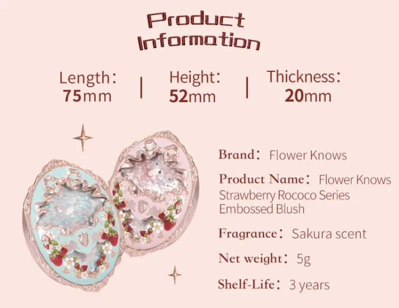 Flower Knows Strawberry Rococo Series Embossed Blush 5g Blush Powder Berry Mary Blusher Palette Makeup Profesional
