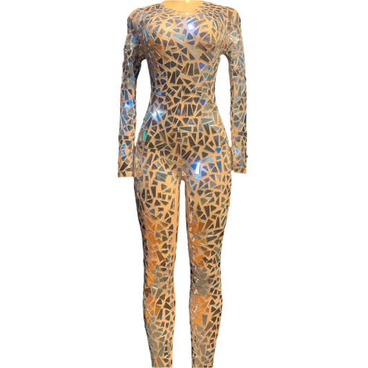 Sexy Transparent Mirrors Jumpsuit Stage Show Dance Wear Mesh Sequins Bodysuit Dance Performance Stretch Costume
