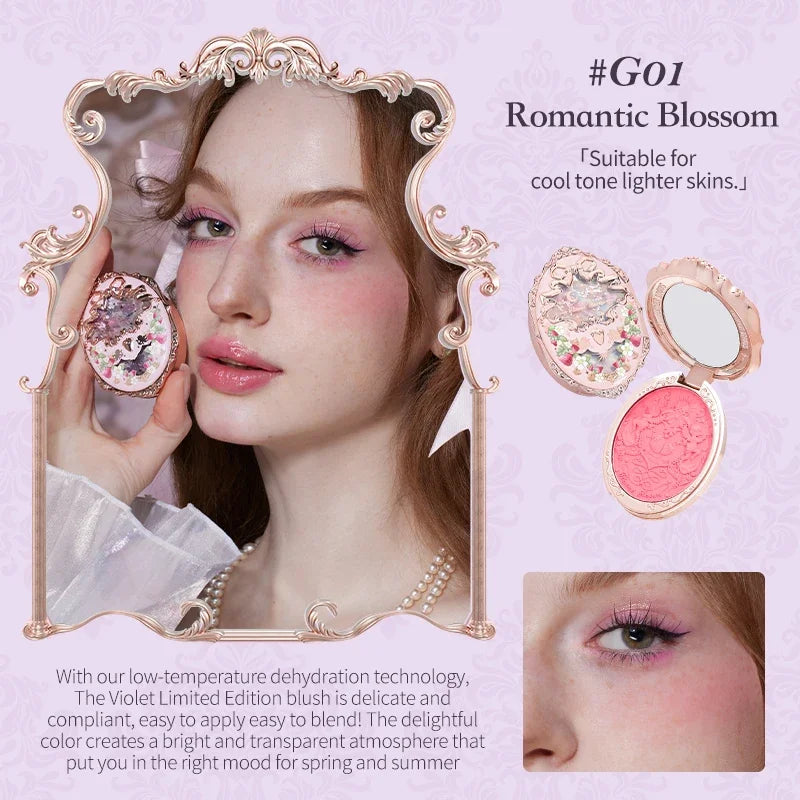 Flower Knows Makeup Strawberry Rococo Violet Series Embossed Blush Palette Lightweight, Smooth,Long-lasting Face Enhancing