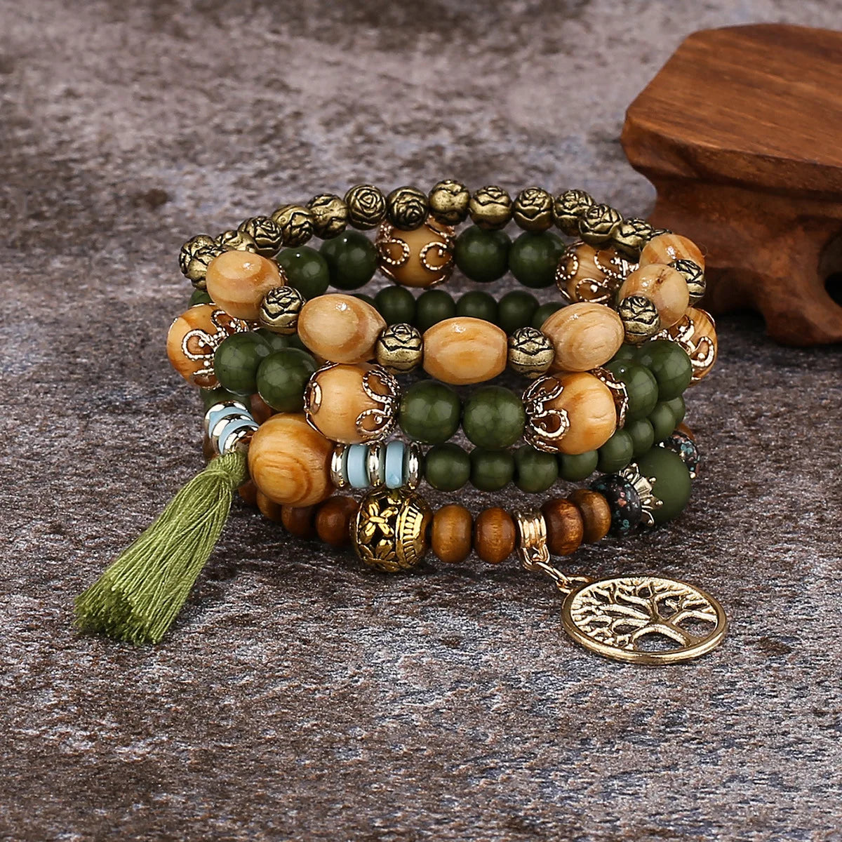 Boho Wooden Beaded Bracelet Set for Women – Tree of Life Charm, White Tassels, 4-Piece Elastic Stackable Bangle, Bohemian Jewelry
