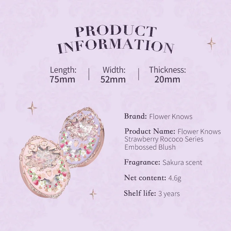 Flower Knows Makeup Strawberry Rococo Violet Series Embossed Blush Palette Lightweight, Smooth,Long-lasting Face Enhancing
