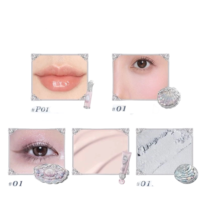 5pcs/set 2025 New Flower Knows Shells Pearl Series Lip gloss Eyeshadow Powder Blush Face Primer Base Makeup Set